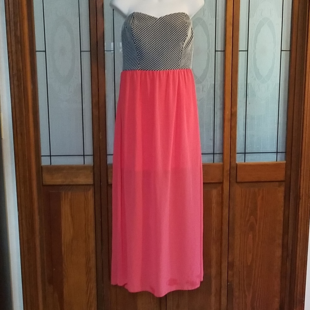 Strapless Black & Coral Maxi Summer Dress